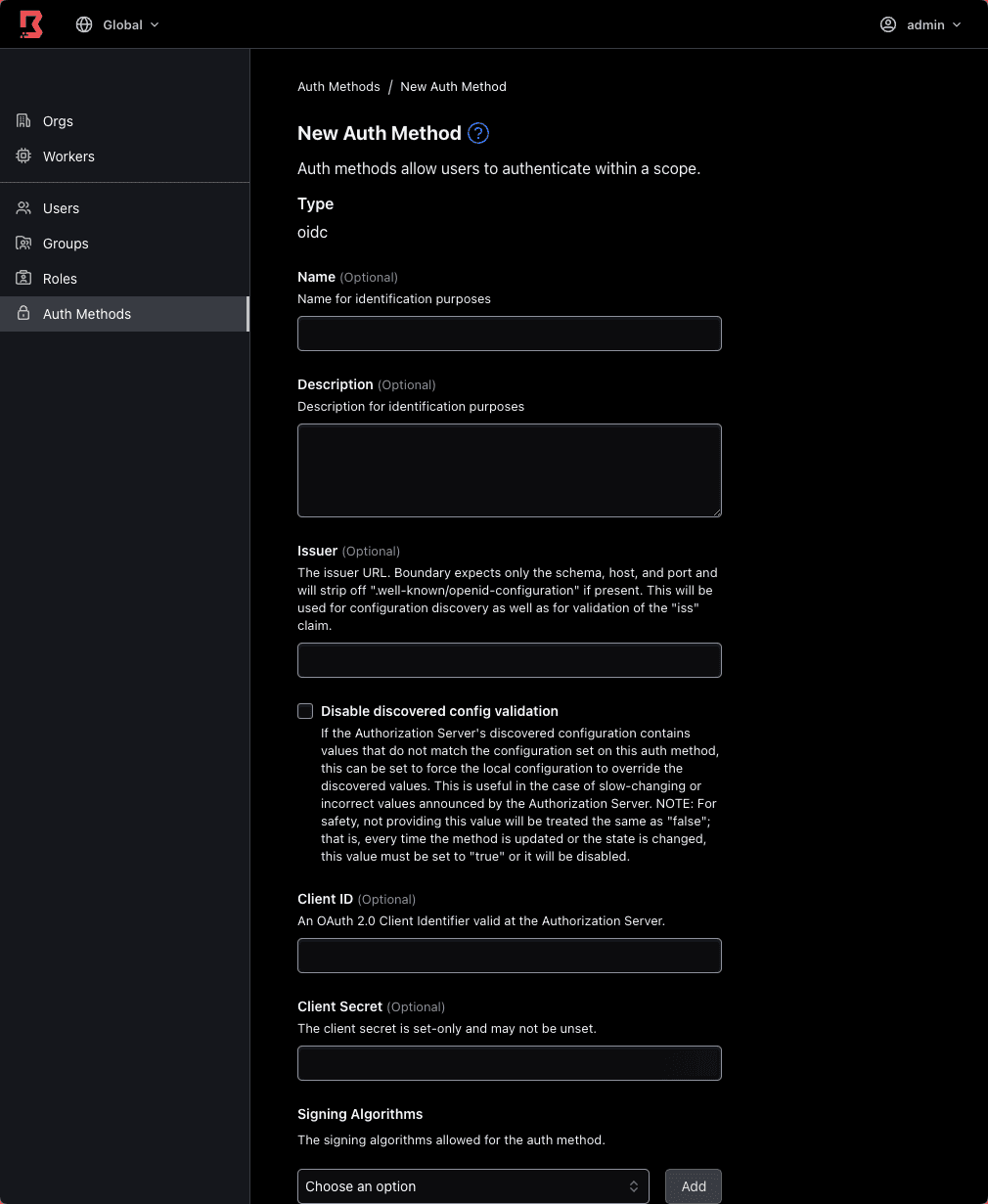 Admin Console Auth Method Details