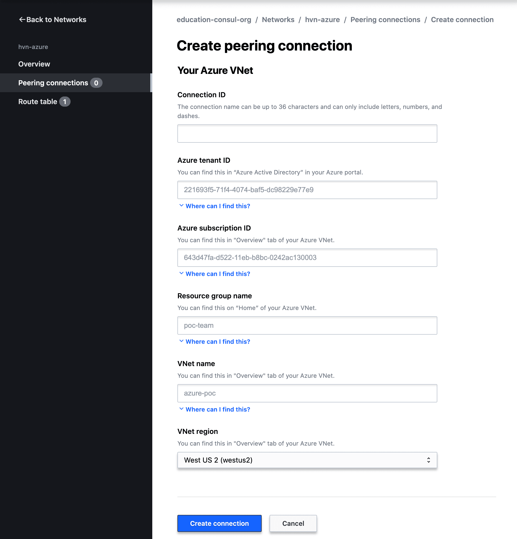 A screenshot fo the "Create peering connection" form for an Azure VNet