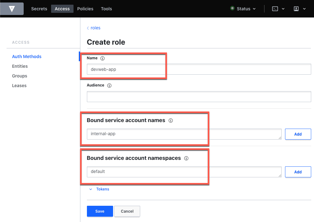 Access - kubernetes auth role devweb-app